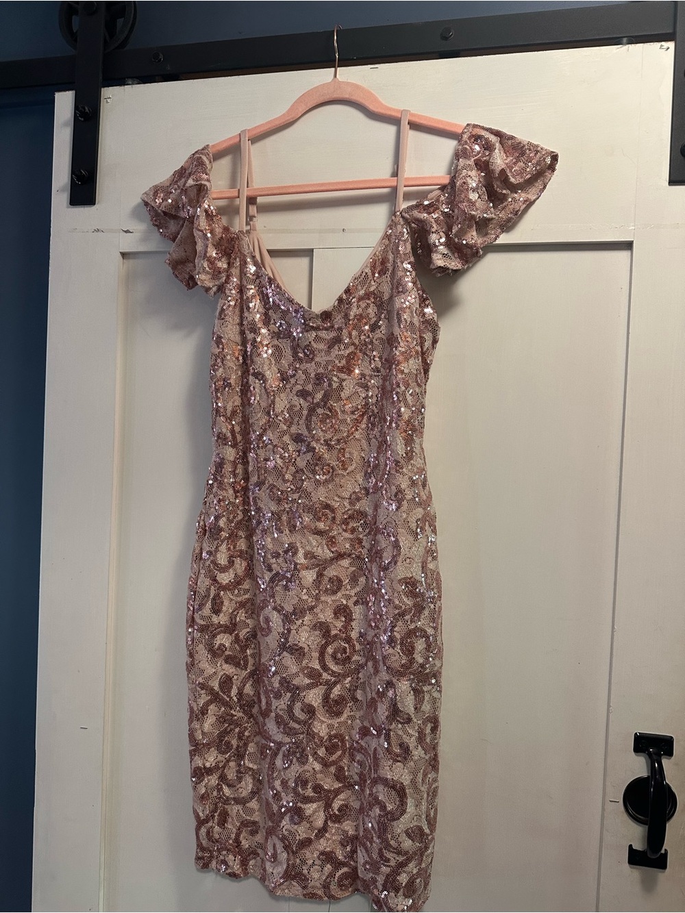 VENUS Rose Gold Sequin Ruffle Sleeve Midi Dress